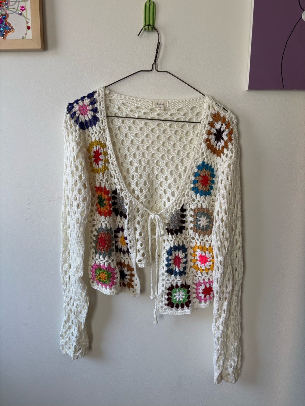 debut White Crochet Tie-Front Cardigan with Multicolor Squares